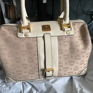 Medium MCM Beige Monogram Satchel with Cream Trim and Gold Hardware